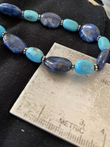 Navajo Denim Lapis & Turquoise Beads Necklace | Sterling Silver | Authentic Native American Handmade | 20" | 01038