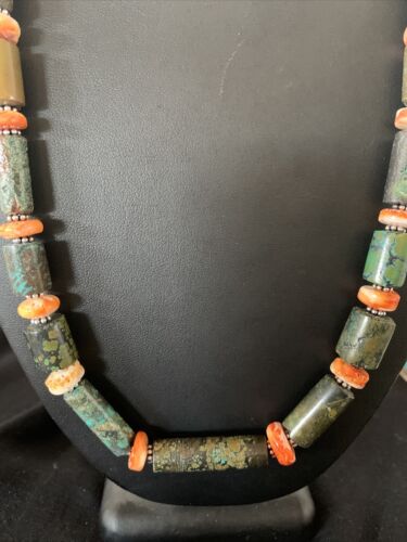 Navajo Green Turquoise and Spiny Oyster Necklace | Sterling Silver | Authentic Native American Handmade | 24" | 893