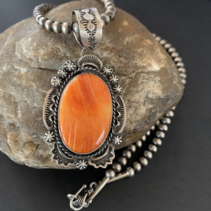 Navajo Pearls Orange Spiny Oyster Pendant Necklace | Sterling Silver | Authentic Native American Handmade | 13750
