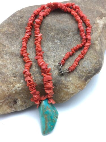Native American Turquoise Pendant Coral Brass Old Pawn Necklace 19” 4006