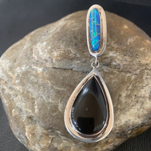 Navajo Black Onyx Blue Opal Inlay Pendant | Sterling Silver | Authentic Native American Handmade | 12885