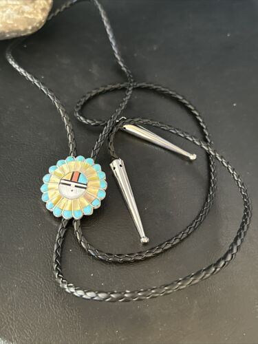 Men's Bolo Tie | Zuni Sunface Mother of Pearl Coral Turquoise Inlay | Sterling Silver | 14755