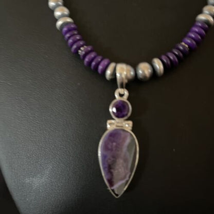 Navajo Pearls Necklace with Purple Sugilite Pendant | Sterling Silver | Multi-Stone | 11334