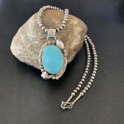 Navajo Pearl Blue Kingman Turquoise Necklace Pendant | Sterling Silver | Authentic Native American Handmade | 12287