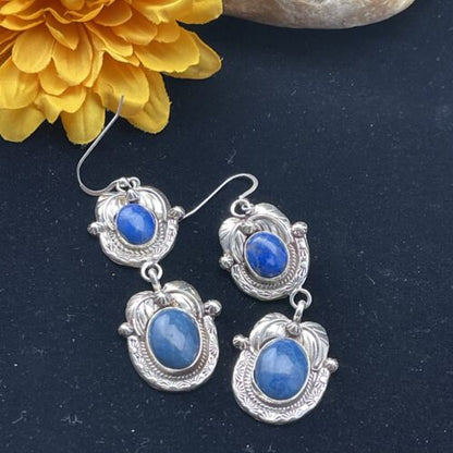 Southwestern Navajo Denim Lapis Dangle Earrings | Sterling Silver | 2" | 01798