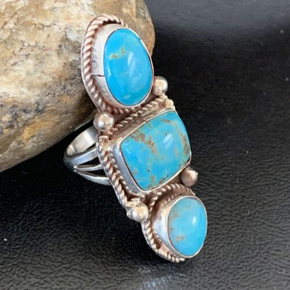 Navajo Blue Turquoise Cluster Ring | Authentic Native American Sterling Silver | Multi-Stone | Sz 10 | 2119
