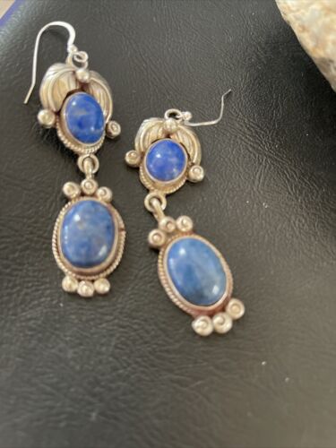 Native American Navajo Denim Lapis Dangle Earrings | Sterling Silver | 2" | 01681