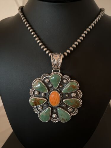 Navajo Spiny Oyster & Turquoise Cluster Pendant Necklace | Authentic Native American Sterling Silver | Multi-Stone | 01118