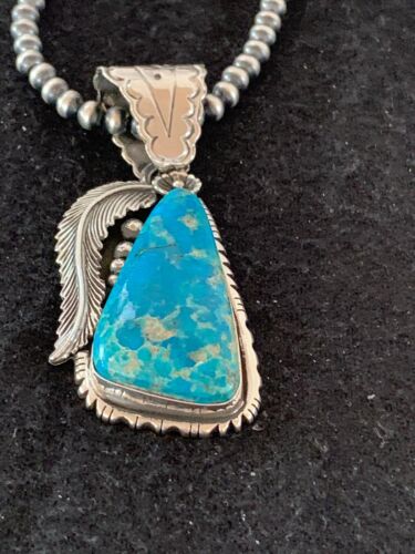 Men's Kingman Turquoise Pendant Necklace | Navajo Pearls | Sterling Silver | Authentic Native American | 4300