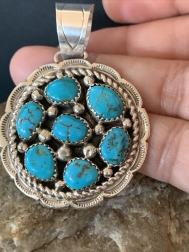 Navajo Kingman Blue Turquoise Cluster Pendant | Authentic Native American Sterling Silver | Multi-Stone | 2" | 2093
