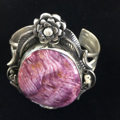 Navajo Purple Spiny Oyster Row Cuff Bracelet | Sterling Silver | XL Men's | Authentic Native American Handmade | 10111