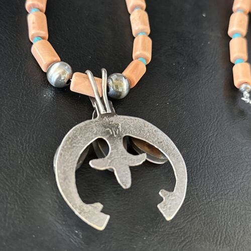 Navajo Pink Coral & Blue Turquoise Necklace with Naja Pendant | Sterling Silver | Native American Handmade | 14813