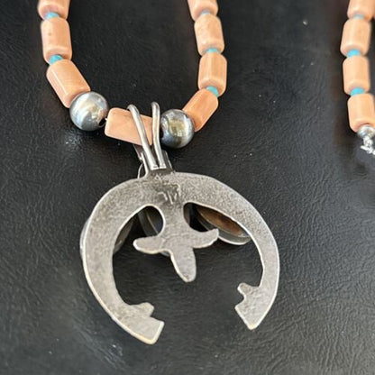Navajo Pink Coral & Blue Turquoise Necklace with Naja Pendant | Sterling Silver | Native American Handmade | 14813