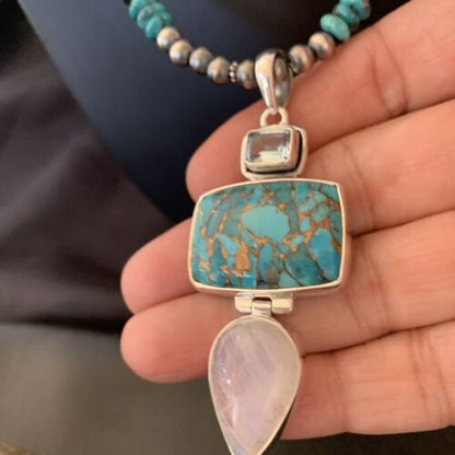 Navajo Pearls Sterling Silver Blue Mojave Turquoise Necklace Pendant | Multi-Stone | 11820