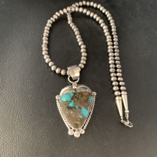 Navajo Spiderweb Turquoise Pendant Necklace | Sterling Silver | 2.25" | Authentic Native American Handmade | 14062