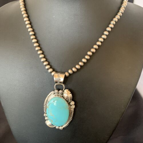 Navajo Pearl Blue Kingman Turquoise Necklace Pendant | Sterling Silver | Authentic Native American Handmade | 12287