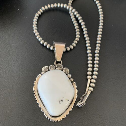 Men's Navajo White Buffalo Turquoise Pendant Necklace | Sterling Silver | Authentic Native American Handmade | 11846