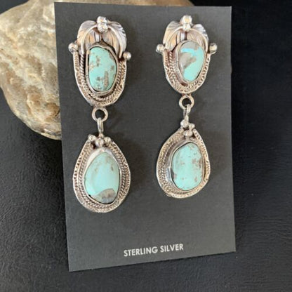 Navajo Blue Dry Creek Turquoise Post Dangle Earrings | Sterling Silver | Authentic Native American Handmade | 13816