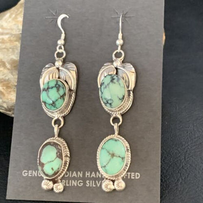 Navajo Green Spiderweb Turquoise Dangle Earrings | Sterling Silver | Authentic Native American Handmade | 13549