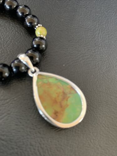 Navajo Pearls Onyx Mojave Turquoise Necklace Pendant | Sterling Silver | Authentic Native American Handmade | 13252