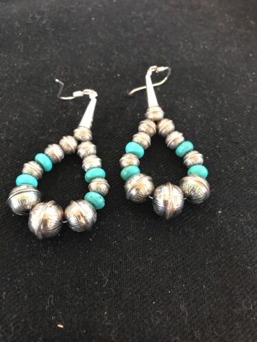 Navajo Turquoise Bead Earrings | Sterling Silver | Stamped | Native American | 10202