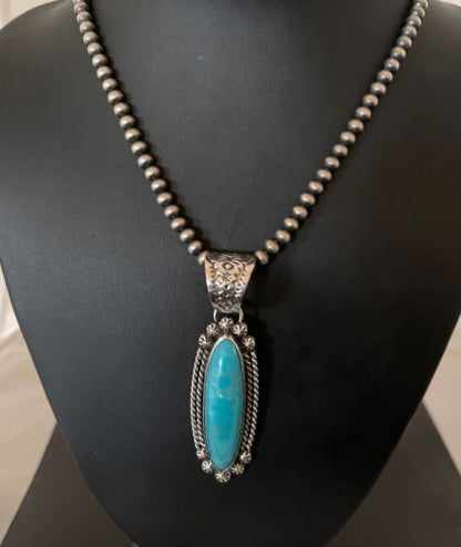 Men's Kingman Turquoise Pendant | Navajo Pearl Sterling Silver Necklace | Authentic Native American Handmade | 1070