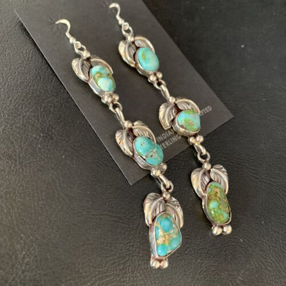 Navajo Sonoran Gold Turquoise Earrings | Sterling Silver | 3 Dangle | Authentic Native American Handmade | 13923