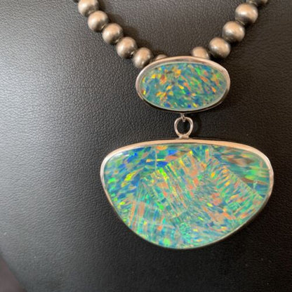 Navajo Blue Gilson Opal Inlay Pendant Necklace | Authentic Native American Sterling Silver | Multi-Stone | 11457 - Masha USA