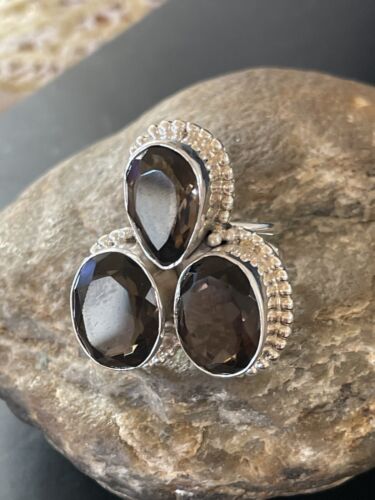 Navajo Smokey Quartz Cluster Ring | Authentic Native American Sterling Silver | Multi-Stone | Sz 8 | 11451