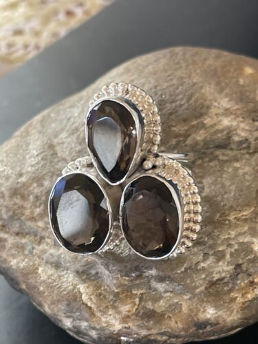 Navajo Smokey Quartz Cluster Ring | Authentic Native American Sterling Silver | Multi-Stone | Sz 8 | 11451 - Masha USA
