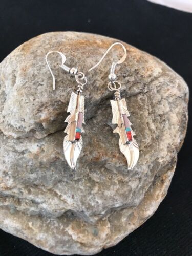 Navajo Coral Inlay Feather Earrings | Sterling Silver | Authentic Native American Handmade | 2007