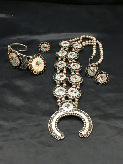 Zuni Native American Inlay Turquoise Squash Blossom Necklace Set | Sterling Silver | 2520