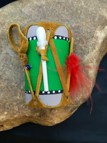 Handmade Miniature Leather Drum Car Charm | 2" Mirror Dangler | Authentic Native American | 8929