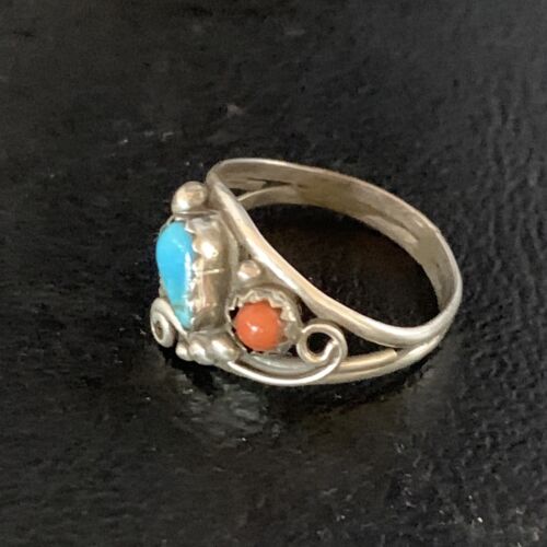 Navajo Blue Kingman Turquoise Coral Ring | Authentic Native American Sterling Silver | Multi-Stone | Sz 6.5 | 13575