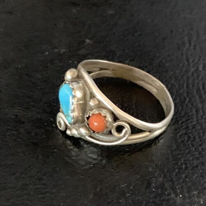 Navajo Blue Kingman Turquoise Coral Ring | Authentic Native American Sterling Silver | Multi-Stone | Sz 6.5 | 13575