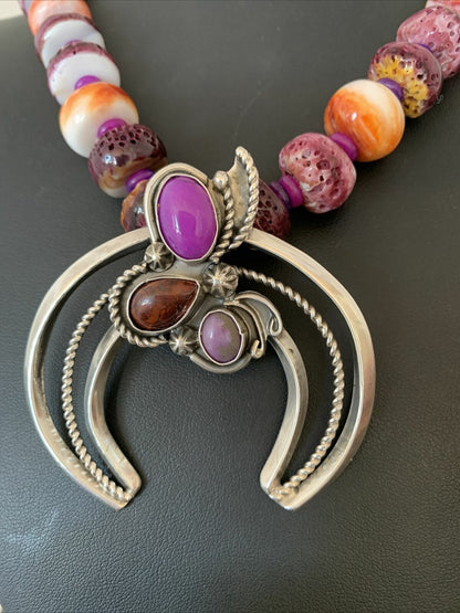 Navajo Purple Red Spiny Sugilite Necklace | Authentic Native American Sterling Silver | Naja Pendant | 00911
