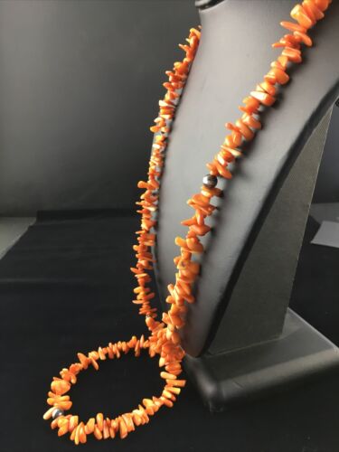 Navajo Orange Coral Necklace | Sterling Silver | 36" | Authentic Native American Handmade | 10044