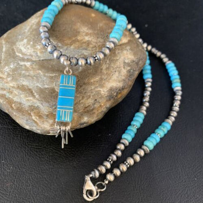 Navajo Blue Turquoise Pendant Necklace | Sterling Silver | Authentic Native American Handmade | 13835 - Masha USA
