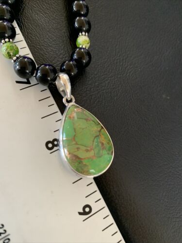 Navajo Pearls Onyx Mojave Turquoise Pendant Necklace | Sterling Silver | Authentic Native American Handmade | 13251