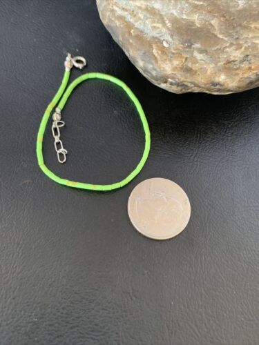 Navajo Green Gaspeite Heishi Tube Beads Bracelet | Sterling Silver | 8" | Authentic Native American Handmade | 13210