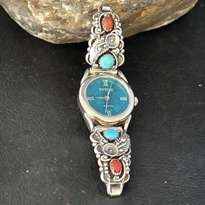 Navajo Blue Turquoise & Coral Watch Tips | Sterling Silver | Authentic Native American Jewelry | 14325