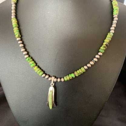 Navajo Green Gaspeite Turquoise Inlay Pendant | Sterling Silver | Authentic Native American Handmade | 13268