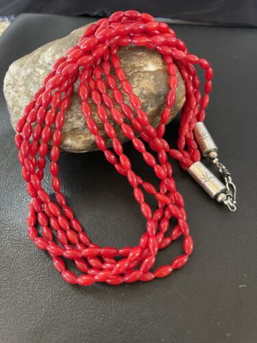 Navajo Red Coral 5-Strand Necklace | Sterling Silver Barrel Beads | 22" | Authentic Native American Handmade | 10438