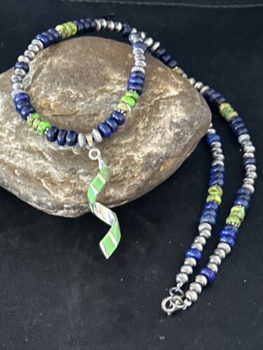 Navajo Green Turquoise Lapis Pendant Inlay Necklace | Sterling Silver | Authentic Native American Handmade | 14635