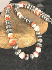 Navajo Spiny Oyster Beads Necklace | Sterling Silver | 21" | Authentic Native American Handmade | 8533