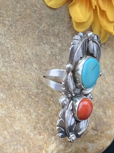 Navajo Royston Turquoise & Coral Ring | Authentic Native American Sterling Silver | Multi-Stone | Sz 8 | 01810