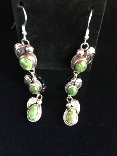 Navajo Green Sonoran Gold Turquoise 3" Dangle Earrings | Sterling Silver | Authentic Native American Handmade | 1732