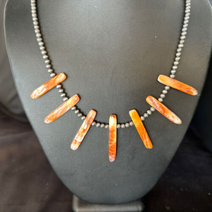 Native American Navajo Spiny Oyster Stick Bead Necklace | Sterling Silver | 20" | 14330