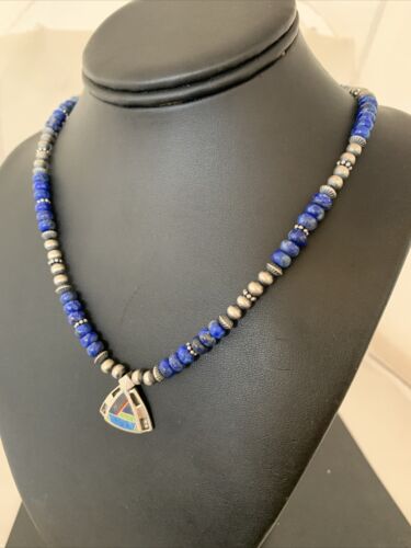 Authentic Native American Sterling Silver Navajo Pearls Necklace with Lapis Inlay Pendant | 01926