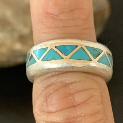 Men's Old Pawn Navajo Blue Turquoise Inlay Ring | Sterling Silver | Sz 6 | Authentic Native American Handmade | 10375